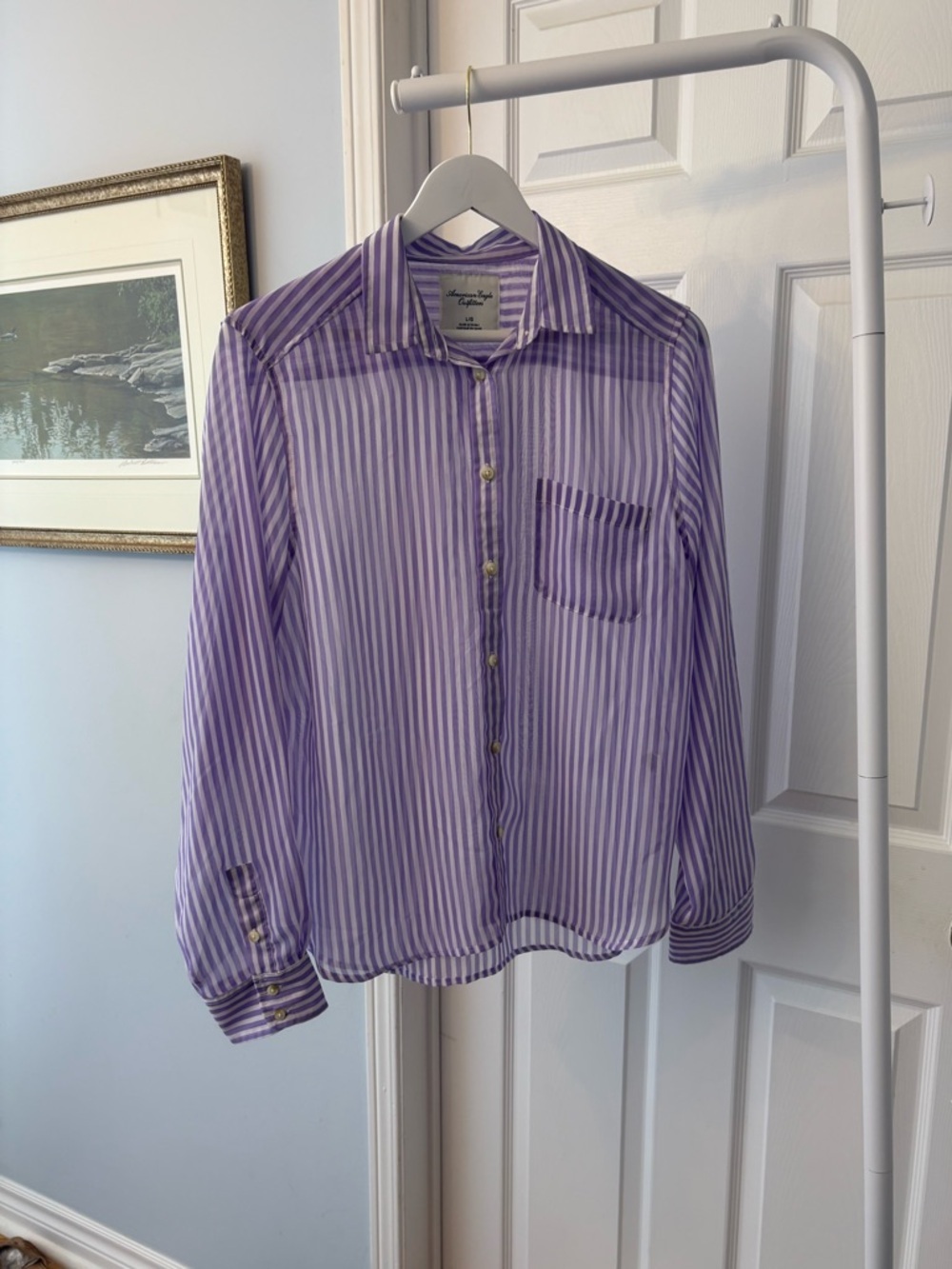 American Eagle Purple & White Striped Button Down Shirt Semi Sheer Size Large - Picture 4 of 15